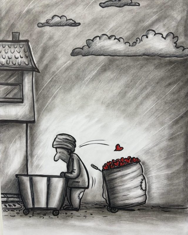 Soft pastels, black pen and red hearts